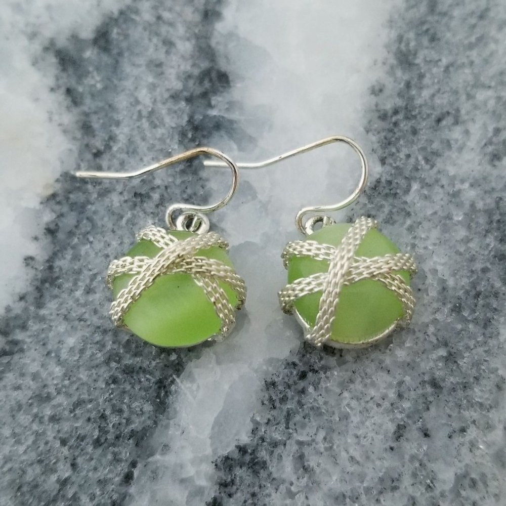 Vintage Y2K Lime Green and Silver Tone Little Drop Cabochon Earrings